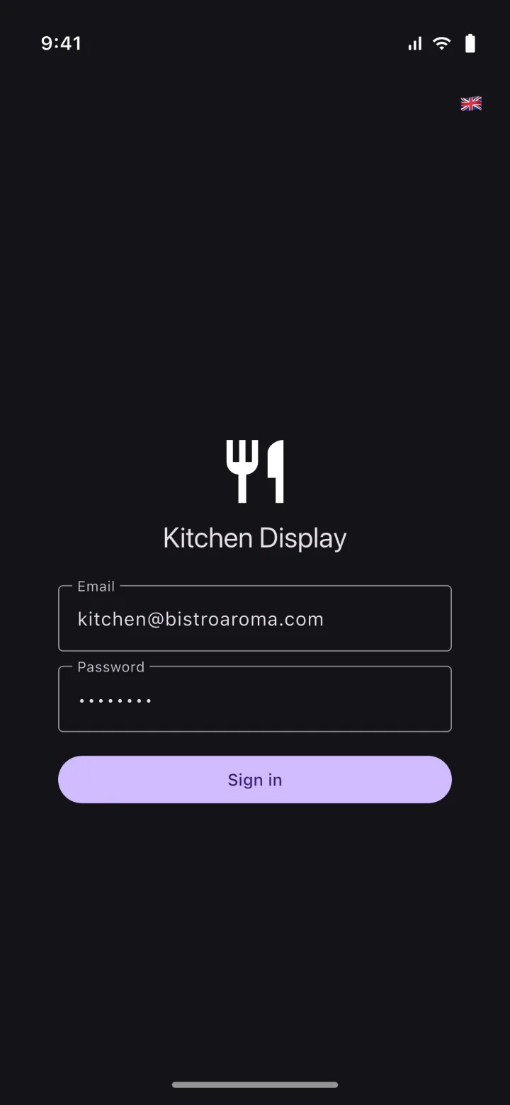 HMS POS Kitchen (KDS) mobile app — Sign in: sign-in screen with username and password