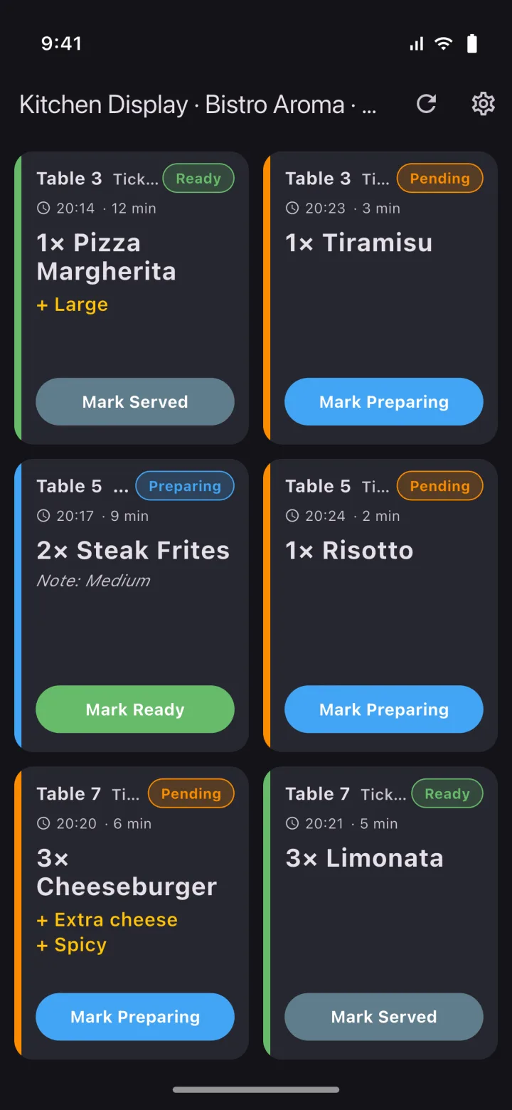 HMS POS Kitchen (KDS) mobile app — Order Board: incoming kitchen orders and preparation statuses