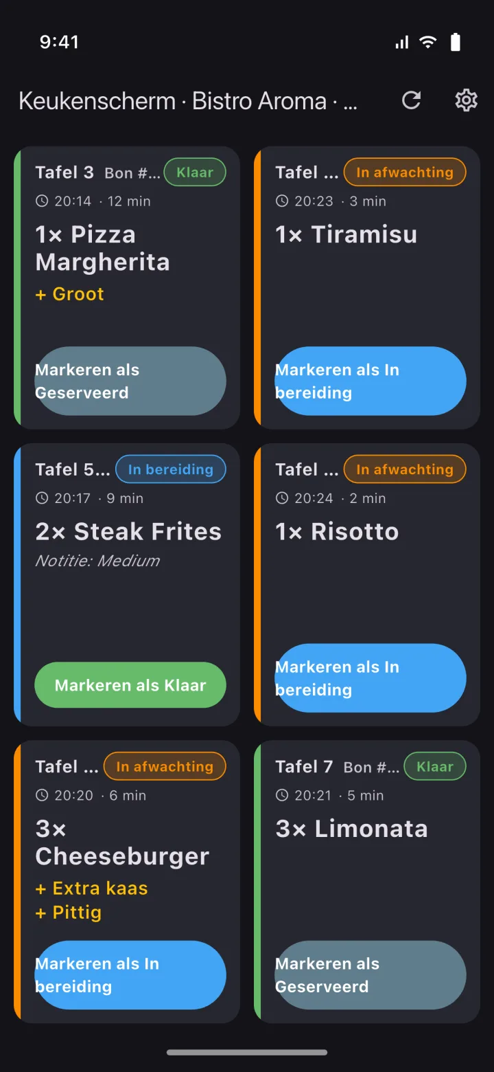 HMS POS Keuken (KDS) mobiele app — Bestelbord: binnenkomende keukenbestellingen en bereidingsstatussen