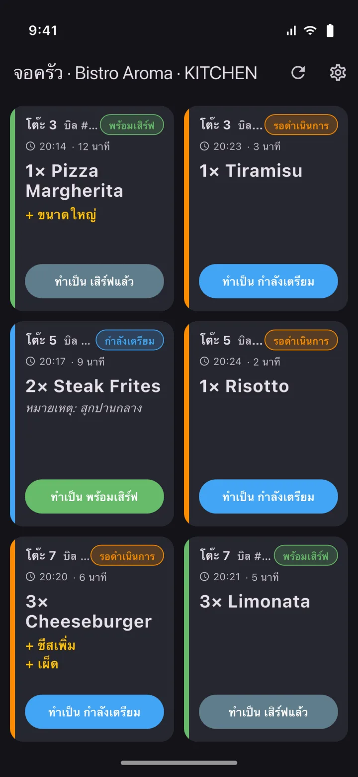 HMS POS ครัว (KDS) แอปมือถือ — บอร์ดออร์เดอร์: ออเดอร์ที่เข้าครัวและสถานะการเตรียม