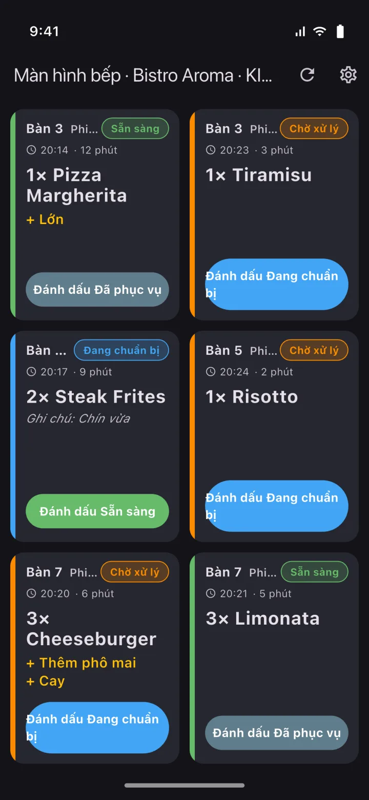 HMS POS Bếp (KDS) ứng dụng di động — Bảng đơn hàng: đơn hàng chuyển vào bếp và trạng thái chế biến