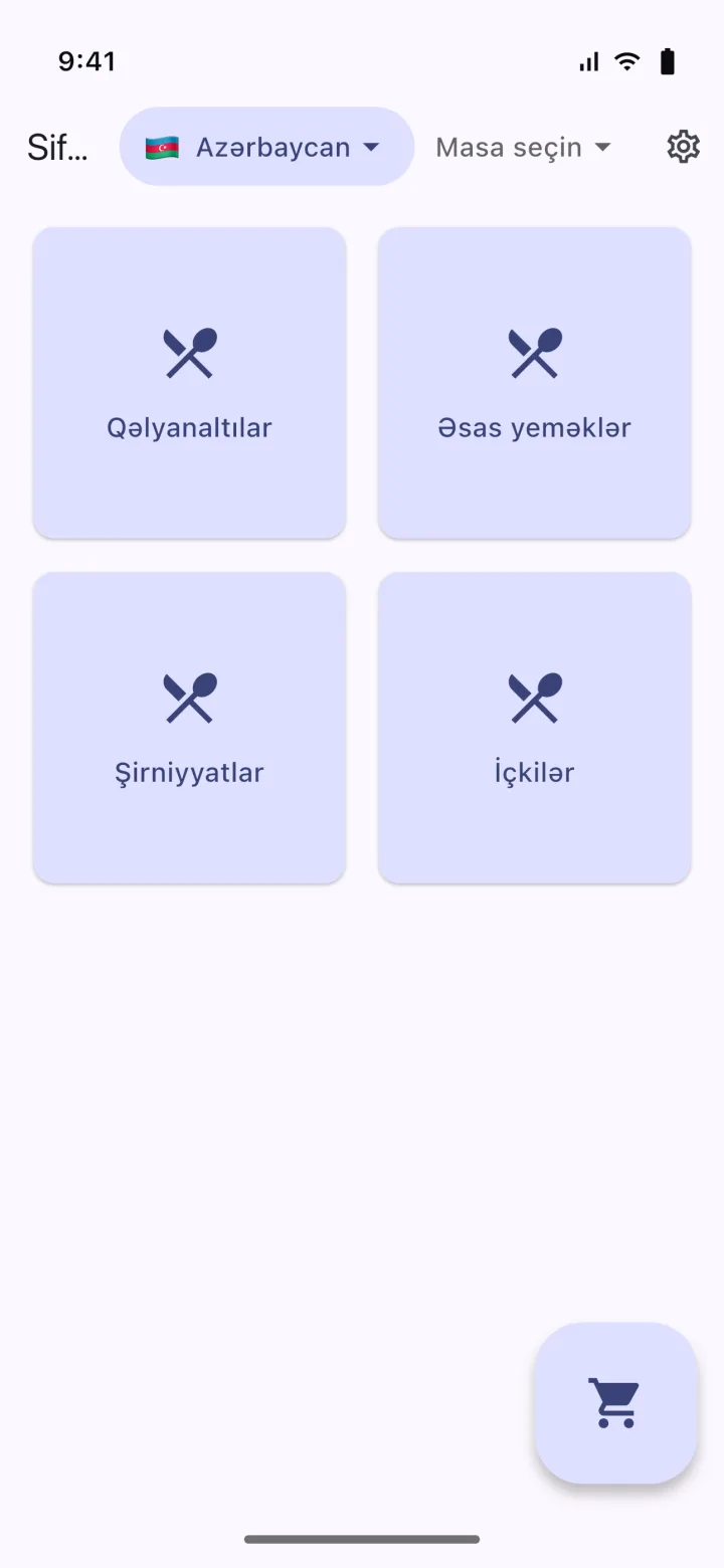 HMS POS Self-servis mobil tətbiqi — Menyu: QR menyu kateqoriyaları və məhsullar