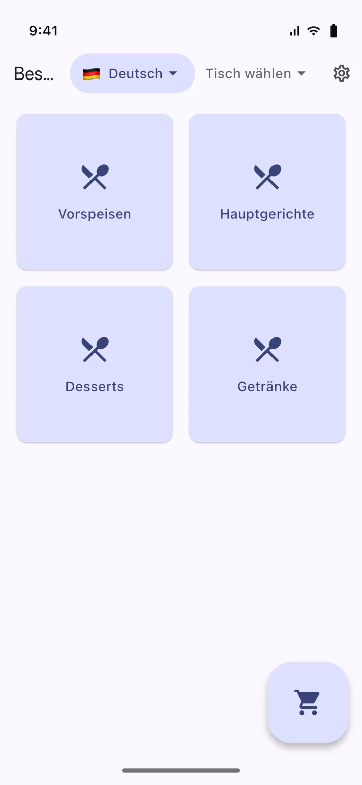 HMS POS Selbstbedienung App — Speisekarte: QR-Karten-Kategorien und Produkte