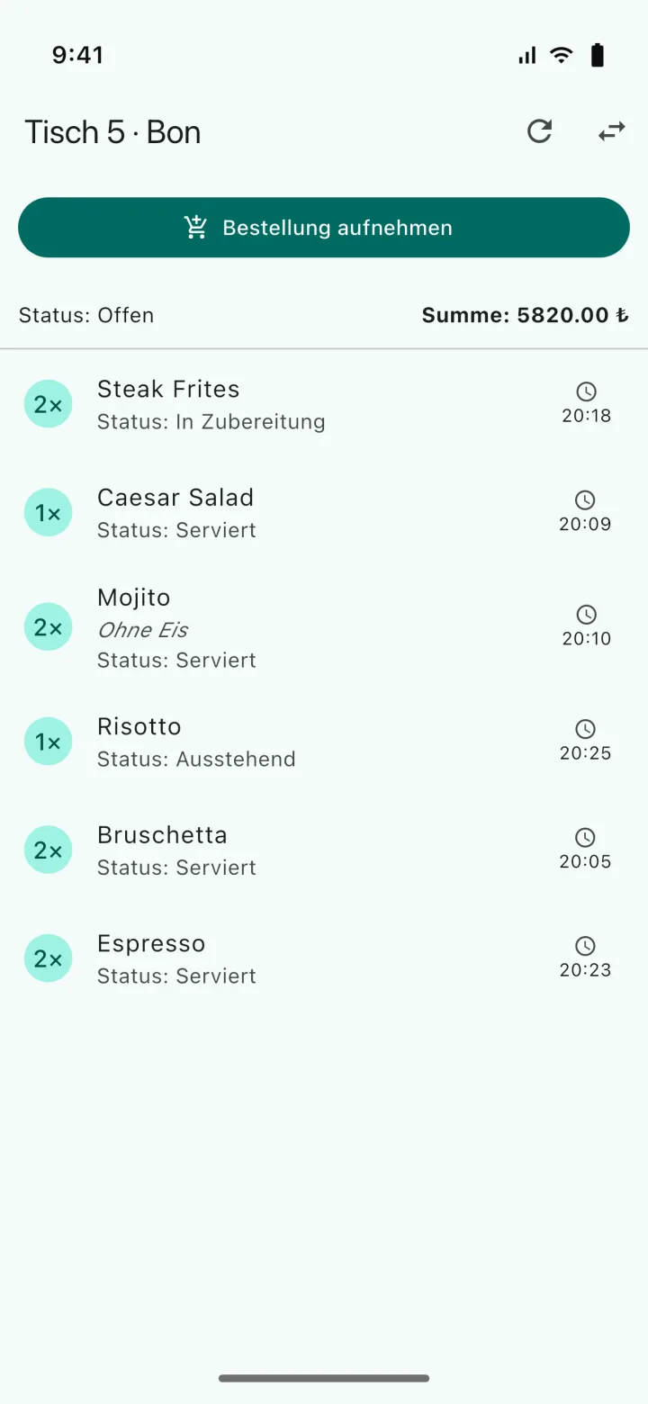 HMS POS Kellner App — Bestellung: Artikel zum Tisch hinzufügen und Bestellliste