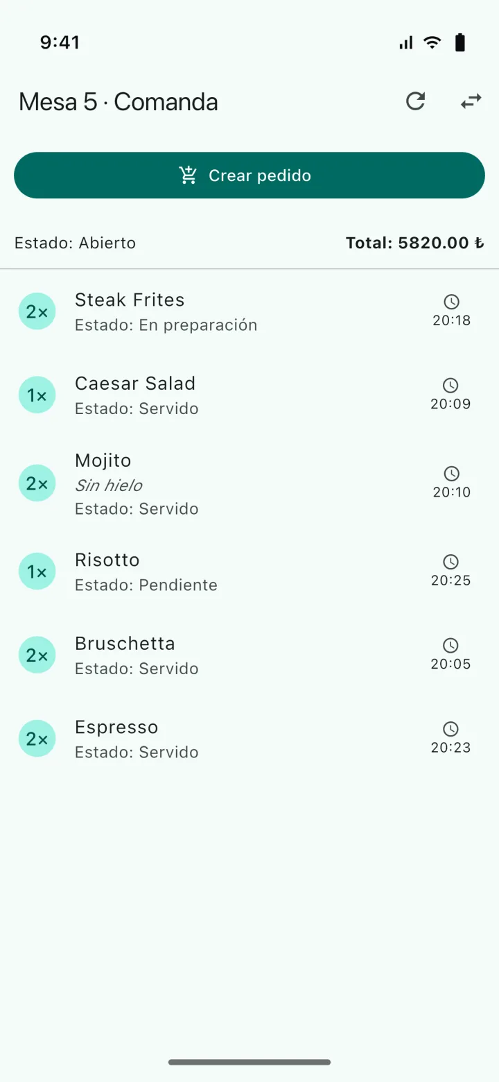 HMS POS Camarero aplicación móvil — Pedido: añadir productos a la mesa y lista del pedido
