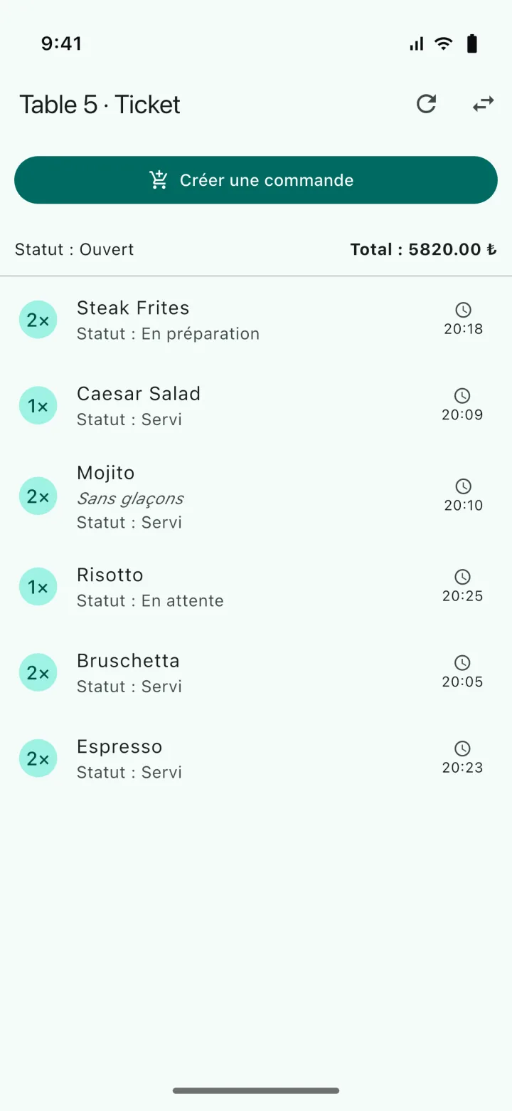 HMS POS Serveur application mobile — Commande: ajout d’articles à la table et liste de la commande