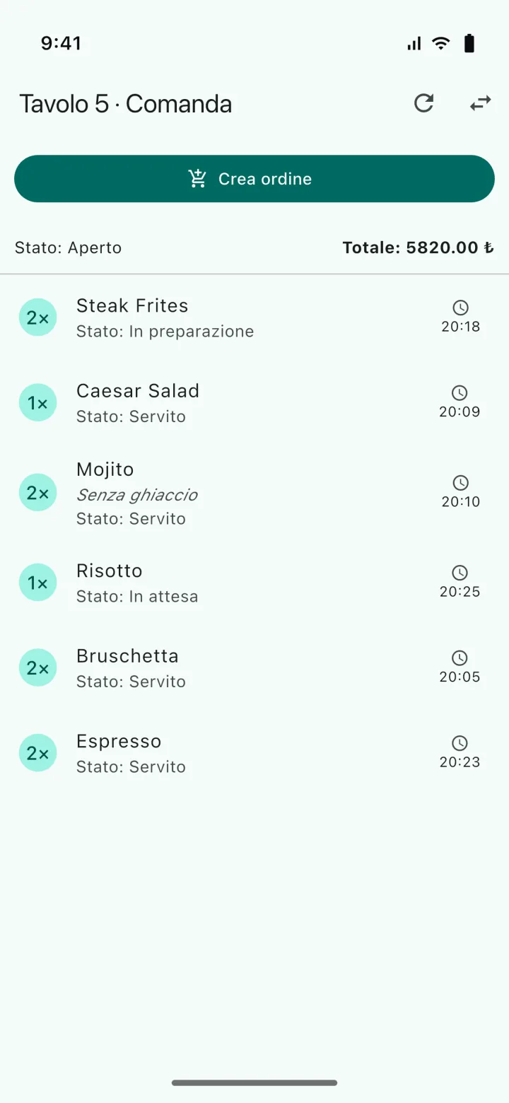 HMS POS Cameriere app mobile — Ordine: aggiunta di articoli al tavolo ed elenco dell’ordine