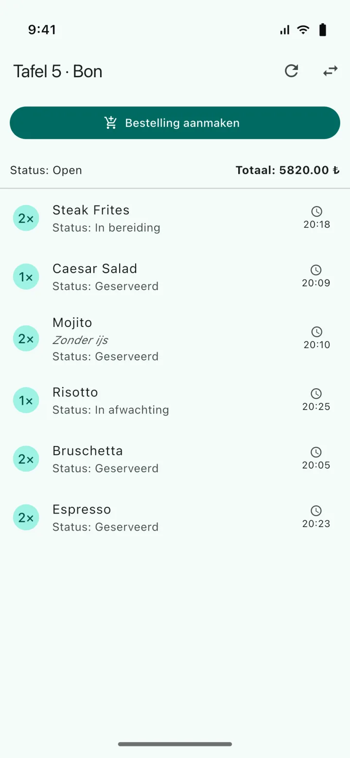 HMS POS Ober mobiele app — Bestelling: artikelen aan de tafel toevoegen en de bestellijst