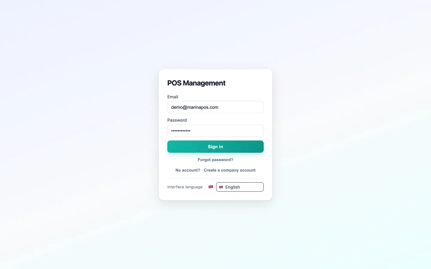 HMS POS Web Panel — Sign in: sign-in screen with username and password