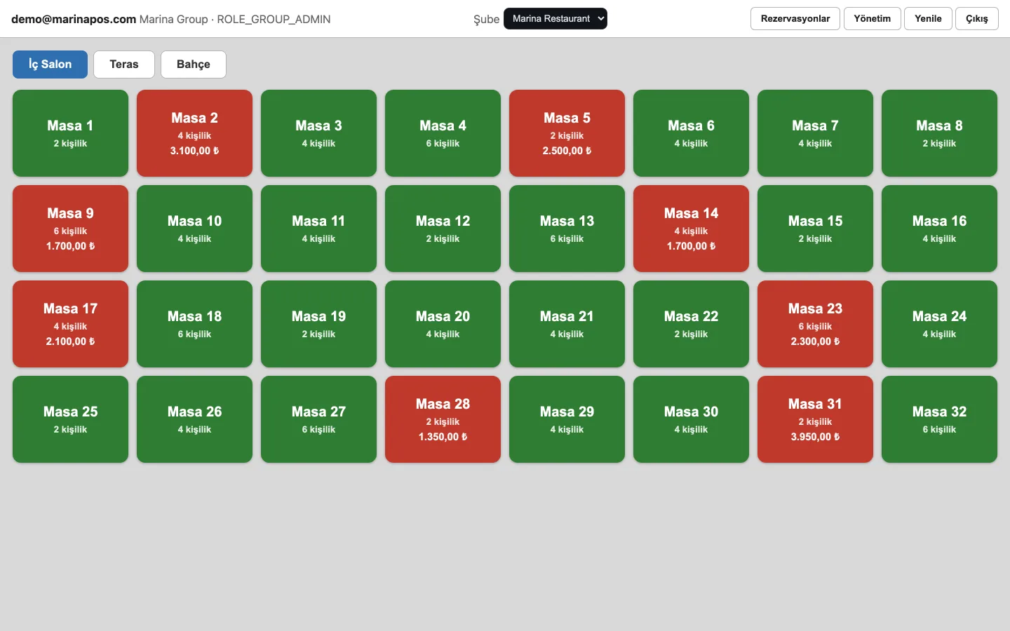 HMS POS Web Panel — Masalar: salon planı, dolu ve boş masalar, masa açma